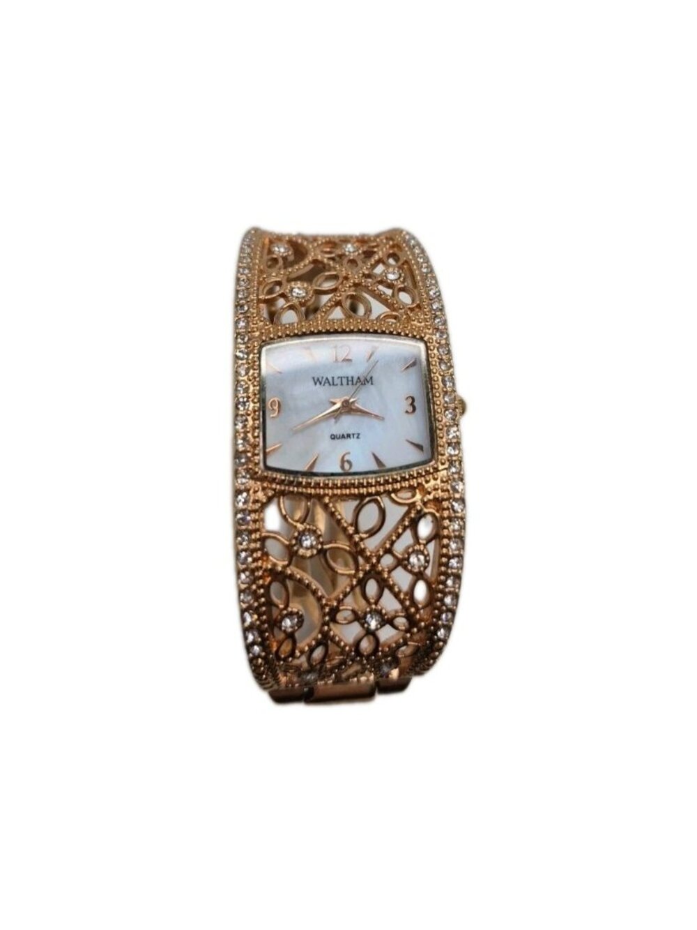 Waltham Ladies Womens Fancy Gold Tone Rhinestone Cuff Bracelet Watch New Battery
